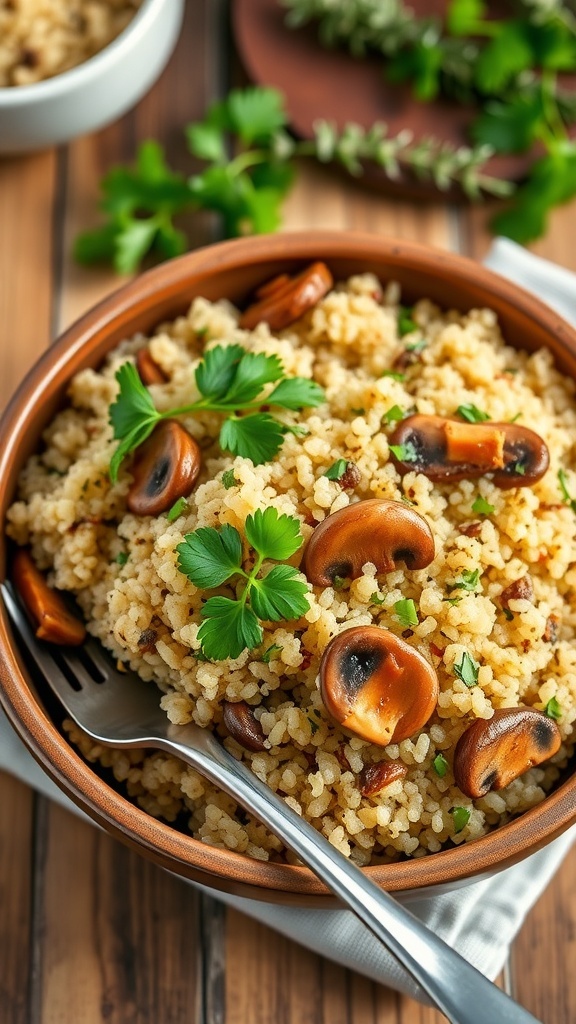 A bowl of quinoa mushroom pilaf with mushrooms and parsley on a wooden table.